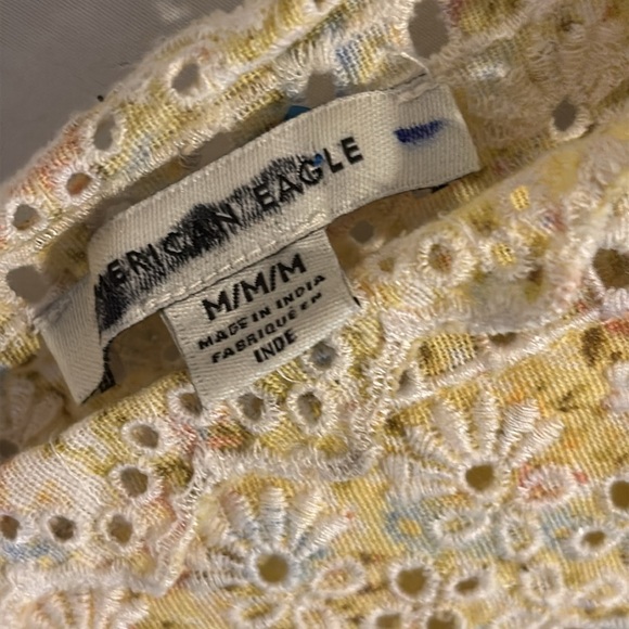 American Eagle Cotton Linen Yellow Deep V-Neck Mini Dress Lace Floral Medium - Picture 4 of 8